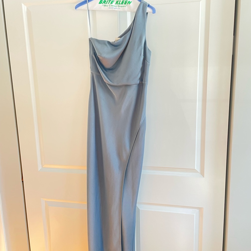 BHLDN Dylan One-Shoulder Satin Side-Split Gown in dusty blue